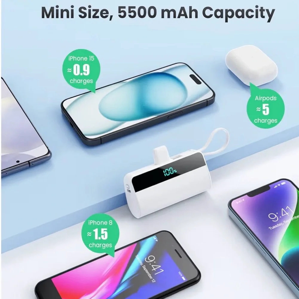 Portable White Power Bank with Lightning Connector - White